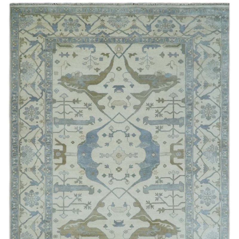 10x14 ivory charcoal and olive hand knotted traditional oriental oushak wool area rug 123827