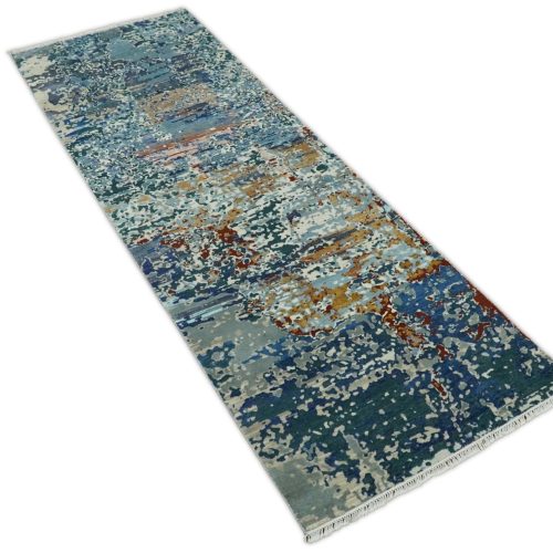 26x10 fine hand knotted blue modern abstract wool and silk runner area rug agr12 103781