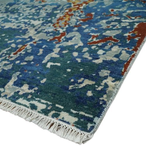 26x10 fine hand knotted blue modern abstract wool and silk runner area rug agr12 197288