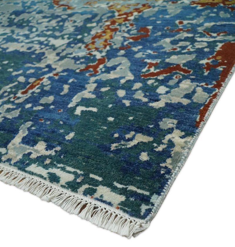 26x10 fine hand knotted blue modern abstract wool and silk runner area rug agr12 197288