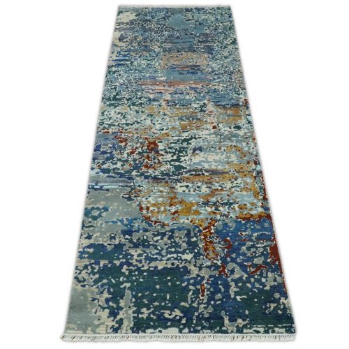 26x10 fine hand knotted blue modern abstract wool and silk runner area rug agr12 806984