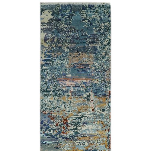 26x10 fine hand knotted blue modern abstract wool and silk runner area rug agr12 854727