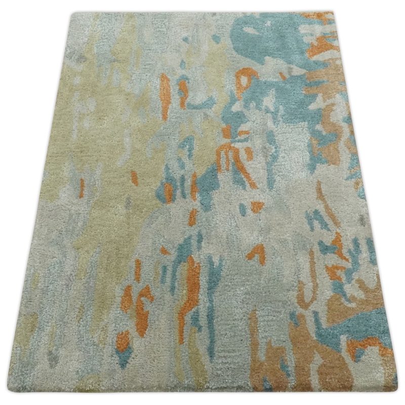 2x3 handmade abstract design silver beige teal and rust made with fine wool area rug trdcp126423 247206