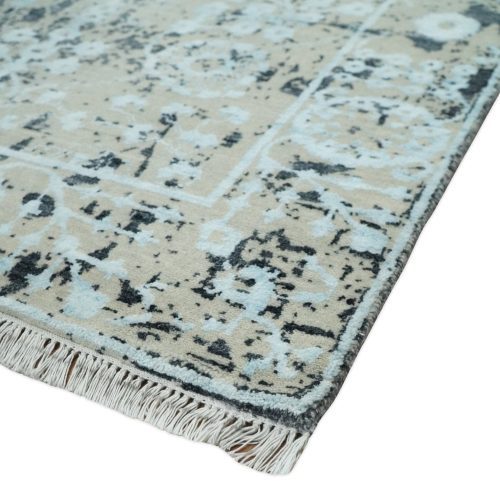 4x6 fine hand knotted camel and black traditional vintage persian style antique wool and bamboo silk rug agr10 249112