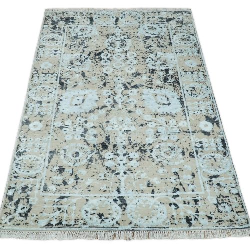 4x6 fine hand knotted camel and black traditional vintage persian style antique wool and bamboo silk rug agr10 396556