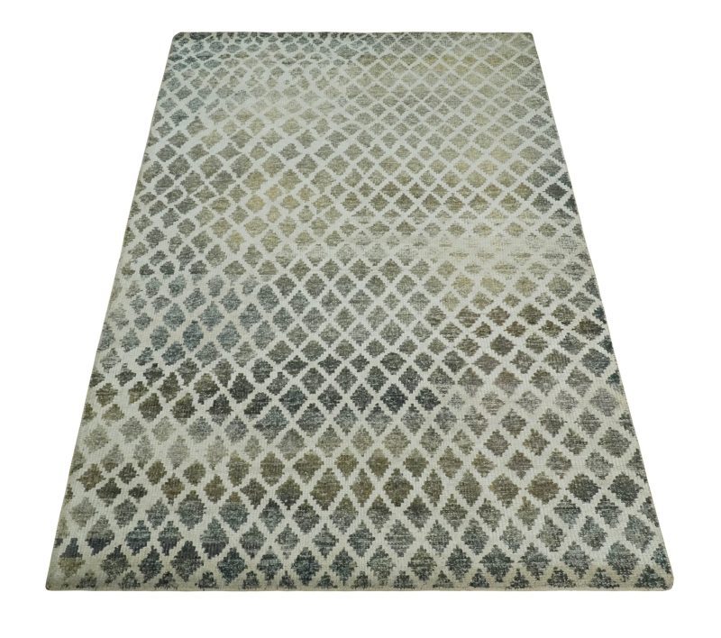 5x8 hand knotted beige charcoal and olive modern diamond geometric contemporary recycled silk area rug op87 191475