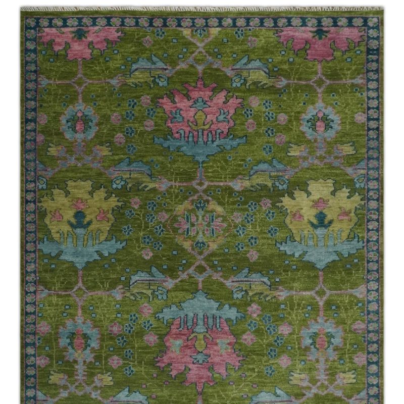 8x10 9x12 10x14 and 12x15 moss green blue and peach hand knotted vibrant colorful donegal design wool rug trdcp1491 588748