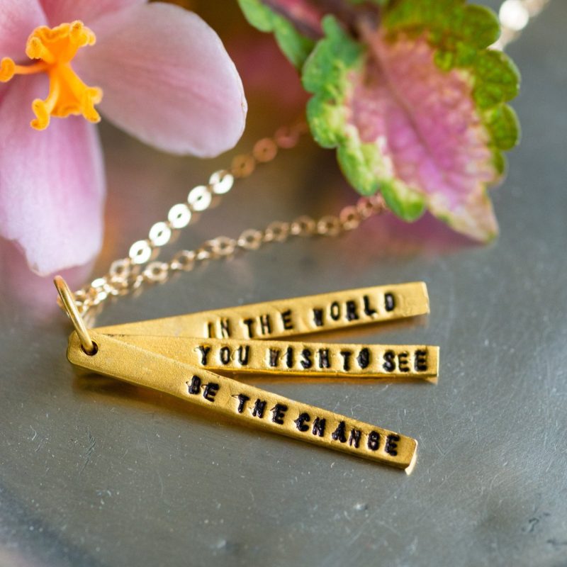 Chocolate and Steel Long Bar Quote Necklace Gandhi Gold Weston Table Edit