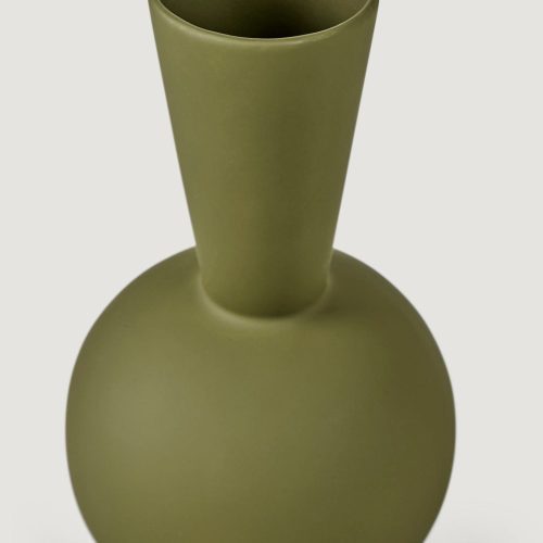 Closeup View of Olive Green Ceramic Trumpet Vase