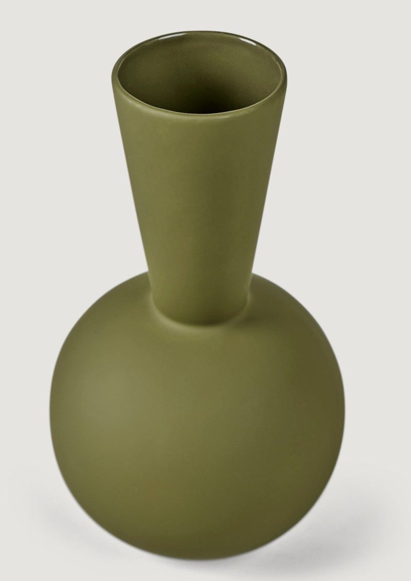 Closeup View of Olive Green Ceramic Trumpet Vase