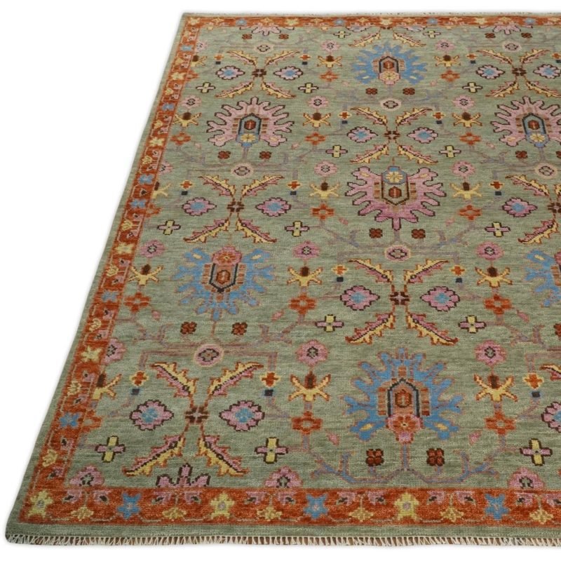 antique 5x8 6x9 8x10 9x12 10x14 and 12x15 hand knotted antique green pink beige and rust traditional persian vintage oushak wool rug trdcp659 858577