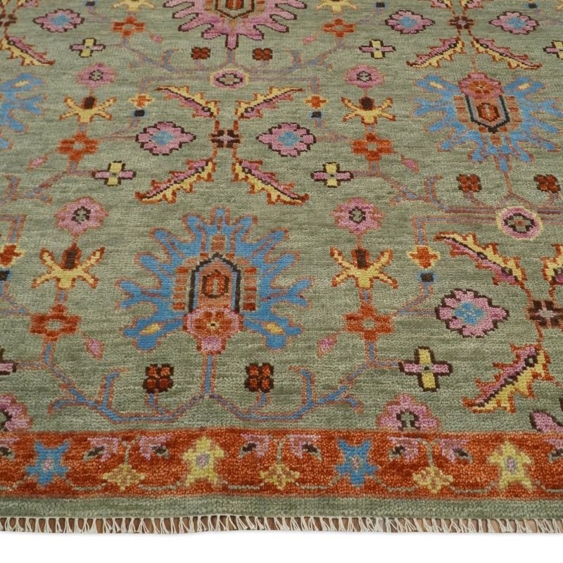 antique 5x8 6x9 8x10 9x12 10x14 and 12x15 hand knotted antique green pink beige and rust traditional persian vintage oushak wool rug trdcp659 936197