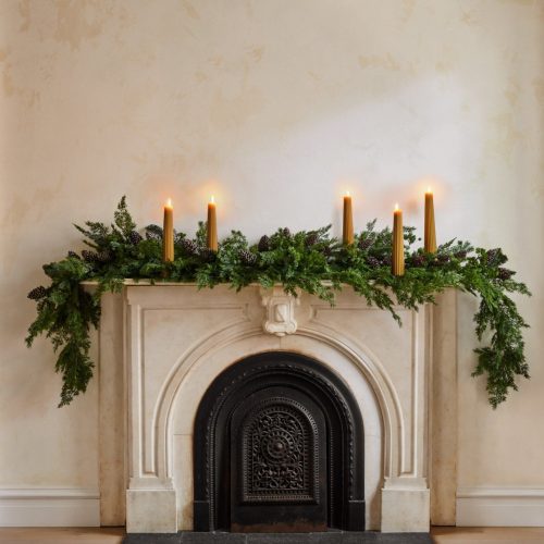 hp nicole franzen cedarMantel candles pineConesBranches